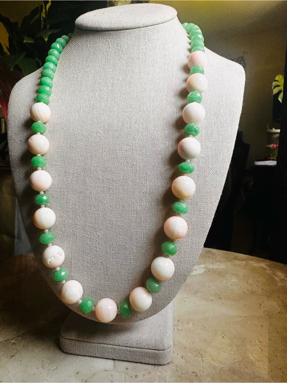 Green Jade and Pale Pink AngelSkin Coral Beaded Necklace - Women Jewelry - Picture 4 of 13